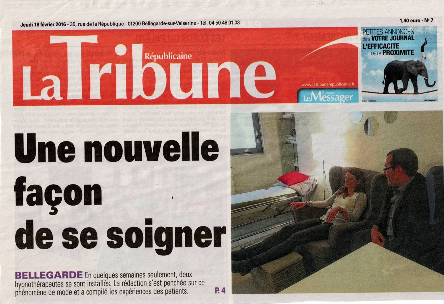 Coupure de presse : Une nouvelle façon de se soigner, La Tribune Républicaine · À la une, 18 février 2016